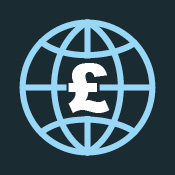 Icon of a globe with a pound sterling symbol at its center, representing global finance or currency exchange.