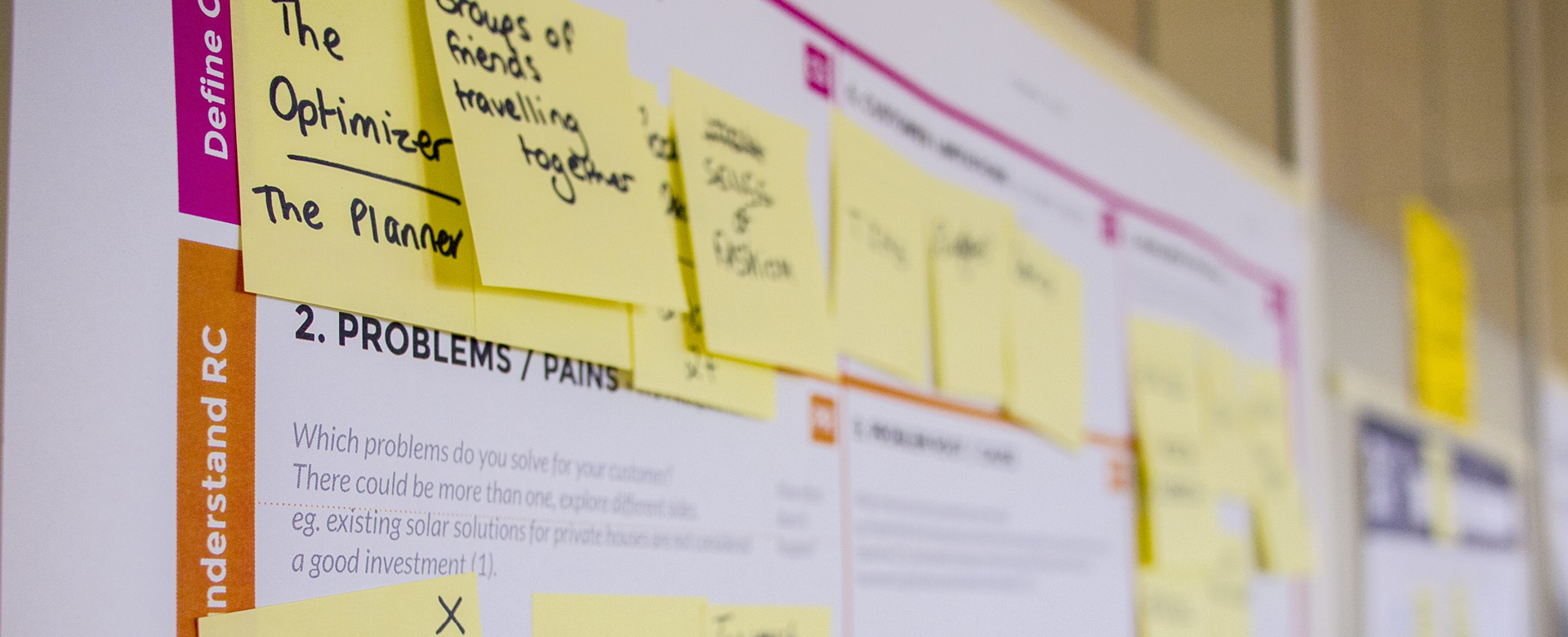 Post-it notes mapped out on a larger piece of paper to make a plan. 